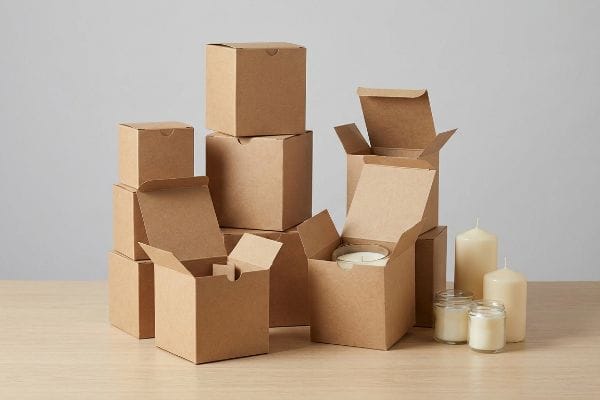 Displayed on a wooden surface, unbleached kraft paper boxes for candles are shown, some open with glass jar candles and two pillar candles.