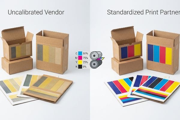 Uncalibrated Vendor's faded CMYK on corrugated packaging contrasted with Standardized Print Partner's vibrant, calibrated graphic uniformity.
