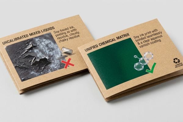 Unified Chemical Matrix Brown cards contrast Uncalibrated Mixed Liquids, showing peeling soy ink and chalky residue, with a Unified Chemical Matrix featuring seamlessly bonded soy ink and aqueous varnish, highlighting Curbside Recyclable.