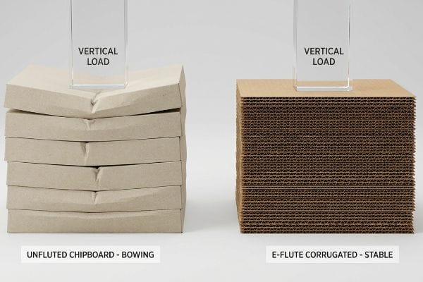 Unfluted Chipboard bowing under Vertical Load, contrasted with stable E-Flute Corrugated, demonstrating superior structural stability.