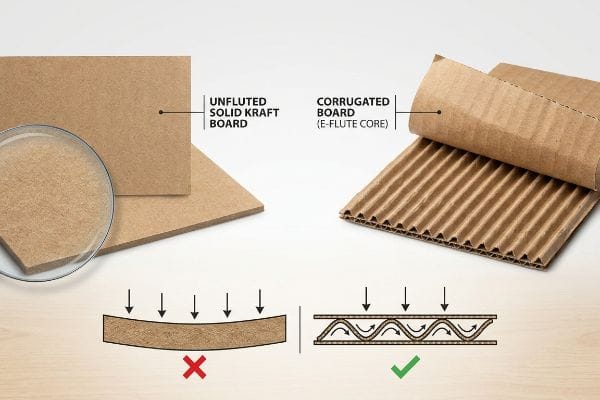 Unfluted Solid Kraft Board shown bending under pressure contrasted with Corrugated Board (E-Flute Core) dispersing vertical load, highlighting structural differences.