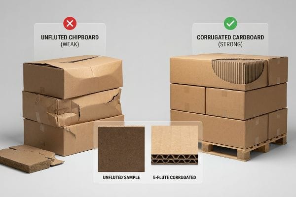 Collapsed Unfluted Chipboard boxes contrast strong Corrugated Cardboard E-Flute boxes, with close-up Unfluted Sample and E-Flute Corrugated material.