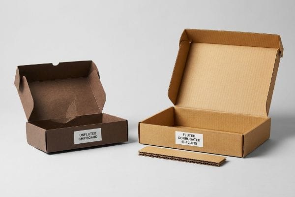 開口部のある非溝付きチップボード箱と溝付きEフルート段ボール箱、および段ボールのサンプルを展示し、包装の種類を紹介する。.