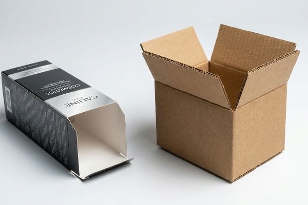 Carton vs Corrugated Box Black Caline Cosmetics folding carton next to an open brown corrugated box, showcasing unfluted paperboard and fluted cardboard.