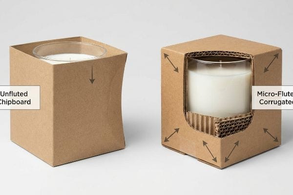 Unfluted Chipboard box bowing under a white glass candle, contrasted with a sturdy Micro-Fluted Corrugated box showcasing internal fluting.
