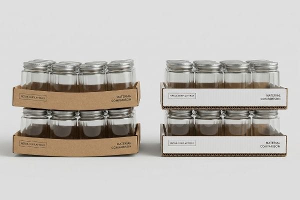Packaging Material Comparison Retail Display Tray comparison of glass jars in brown unfluted and white micro-fluted corrugated packaging.