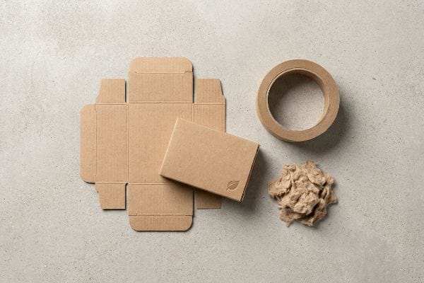 Sustainable Kraft Packaging Materials Kraft packaging materials: unfolded box, small box with leaf logo, paper tape, and shredded filler on concrete.