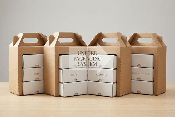 Four brown handled boxes with light-colored drawers, displaying Cost, Concept, Convenience, Communication, and a Unified Packaging System.