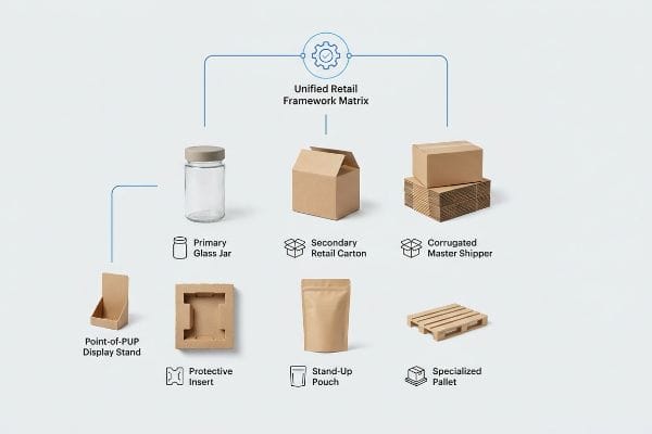 Packaging Framework Matrix Unified Retail Framework Matrix diagram: glass jar, retail carton, master shipper, PUP display, protective insert, stand-up pouch, specialized pallet.
