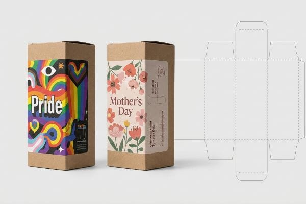 Kraft cardboard Universal Blend Tumbler Boxes with "Pride" rainbow graphics and "Mother's Day" floral labels, next to a box die-cut template.