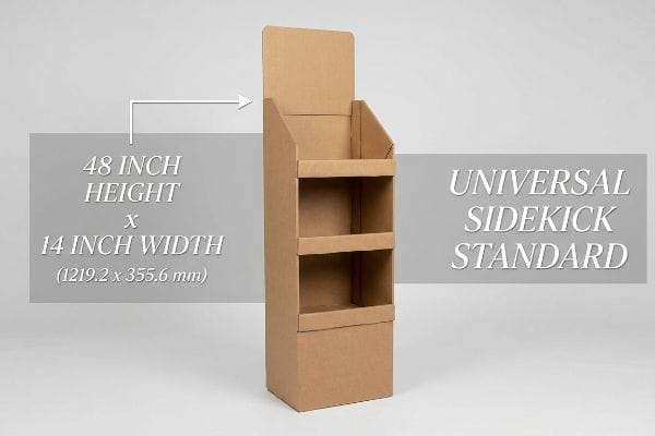 Brown corrugated cardboard universal sidekick display stand, featuring three shelves and labeled 48 Inch Height x 14 Inch Width, Universal Sidekick Standard.
