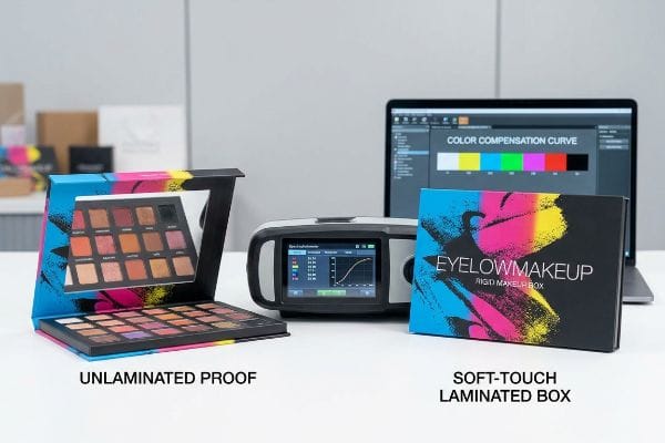 Lamination Color Shift Proof Unlaminated Proof eyeshadow palette and Soft-Touch Laminated Box for Eyelowmakeup, with a spectrophotometer and laptop showing Color Compensation Curve.