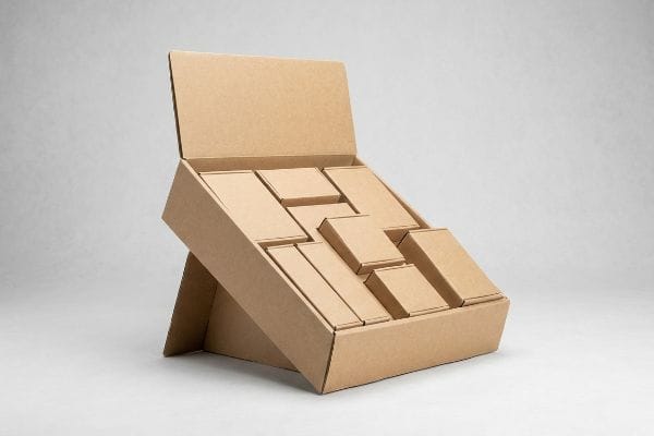 POP Cardboard Display Box Angled brown cardboard counter display box, filled with unprinted small rectangular boxes, perfect for point-of-purchase merchandising.