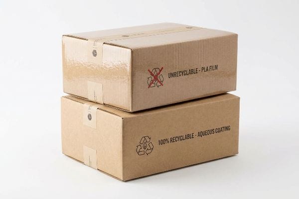 Brown cardboard boxes contrasting 'Unrecyclable - Pla Film' with '100% Recyclable - Aqueous Coating' labels and symbols.