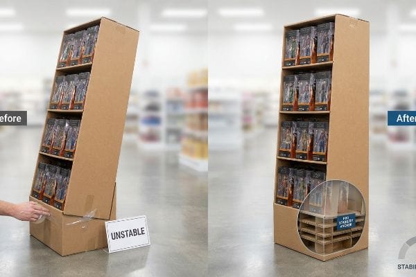 Display Stability Anchor Comparison Corrugated cardboard action figure display, showing an Unstable unit taped at the base versus a stable one with a Pro Stability Anchor.