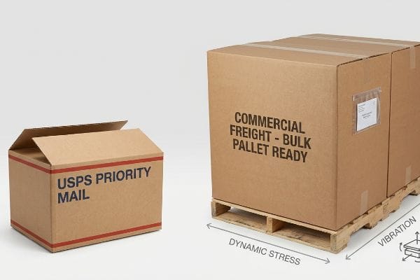 Vergleich der Versandkartons Ein brauner Karton der USPS Priority Mail steht im Kontrast zu großen, palettenfertigen Bulk-Frachtkartons auf einer Palette, was dynamische Belastung und Vibration verdeutlicht.