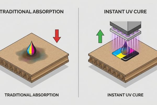 UV Cure vs Absorption Comparing traditional ink absorption into corrugated board with instant UV cure printing, showing muddy CMYK ink versus crisp, vibrant color density.