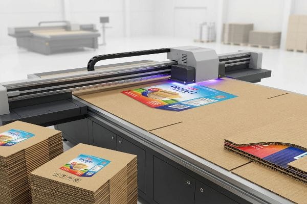 UV Digital Corrugated Printing Brown corrugated cardboard sheets are being printed with vibrant Product and Produkt designs by a UV flatbed digital printer, showcasing direct-to-board ink curing.