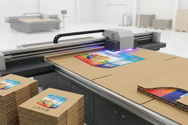 Brązowe arkusze tektury falistej są zadrukowywane żywymi wzorami „Product” i „Product” przez cyfrową drukarkę UV z płaskim podłożem, wykorzystującą technologię bezpośredniego utwardzania tuszu na płycie.