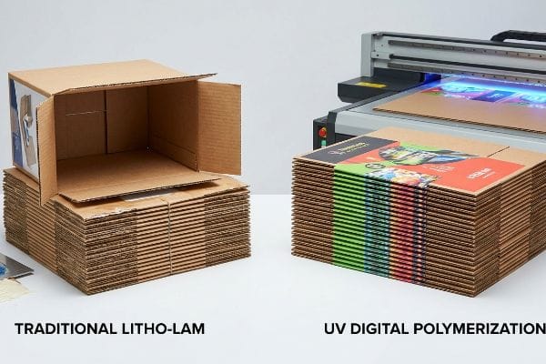 Brown corrugated boxes for Traditional Litho-Lam contrast with colorful UV Digital Polymerization flat-pack boxes, showing direct-to-board printing.