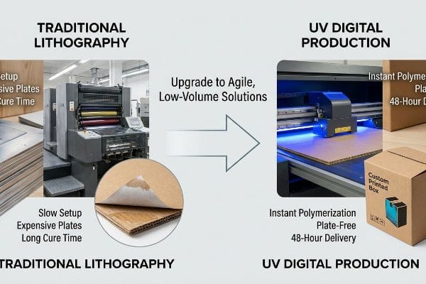 Agile Low-Volume Solutions Lithography's expensive plates and slow setup contrast with UV digital production's instant, plate-free 48-hour delivery.