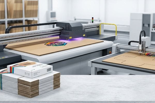 Custom Box Production Process UV flatbed digital printer applies a colorful Brand logo onto corrugated cardboard, while a CNC table cuts box shapes.