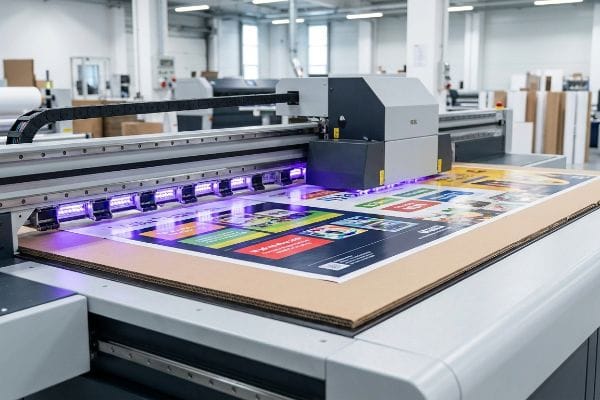 UV Flatbed Digital Printing UV flatbed digital printer instantly polymerizing ink onto a large corrugated board with vibrant graphics.