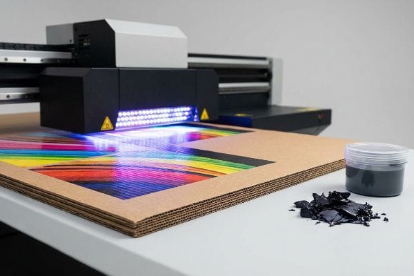 UV Flatbed Curing Polymer Corrugated cardboard printed with vibrant colors by a UV flatbed printer, showing cured solid polymer flakes and liquid pigment.