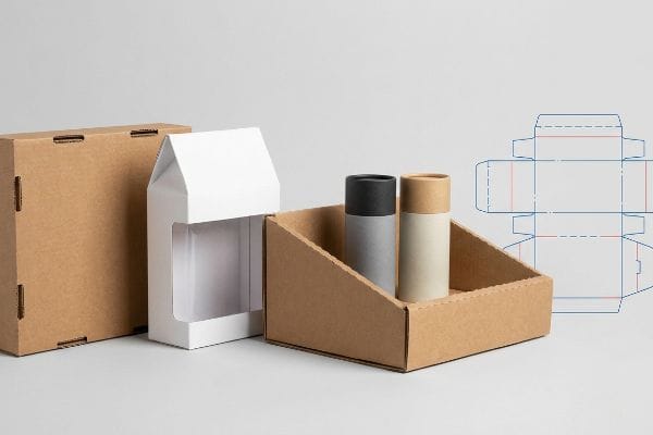 Kraft mailer box, white window folding carton, retail display tray, and die-cut packaging dieline.