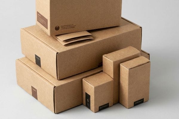 A collection of various sized brown kraft paperboard boxes, some featuring small dark labels, stacked on a light background.