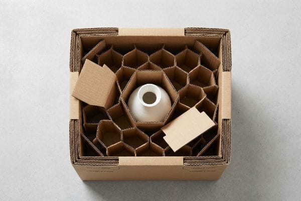 花瓶用バンパーボックスパッケージ 上から見た図には、壊れやすい商品の保護用に設計された六角形の段ボール製緩衝材ボックスの中に、白い花瓶が収められている様子が写っている。.