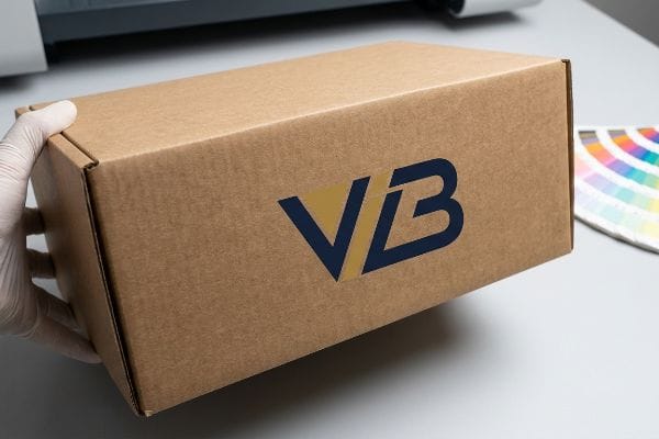 VB Logo Box Packaging A gloved hand presents a custom-printed brown cardboard box featuring a distinctive dark blue and gold "VB" logo.