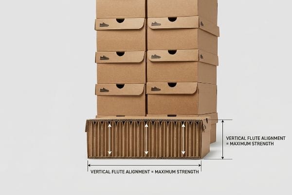Vertical Flute Strength Corrugated board flutes vertically aligned for maximum strength, supporting brown shoe boxes, with text 'Vertical Flute Alignment = Maximum Strength'.