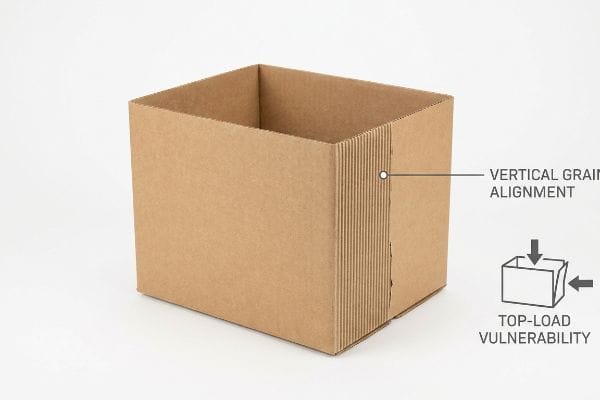 ثغرة محاذاة الحبوب المربعة صندوق كرتوني بني مموج يوضح محاذاة الحبيبات الرأسية وضعف التحميل العلوي لحاويات HSC ذات الغطاء المفتوح.