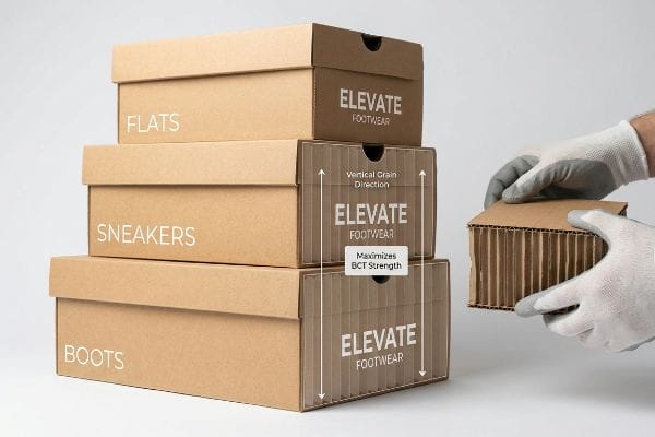 Corrugated cardboard flutes held by gloved hands, demonstrating Vertical Grain Direction for stacked Elevate Footwear shoe boxes, maximizing BCT Strength.