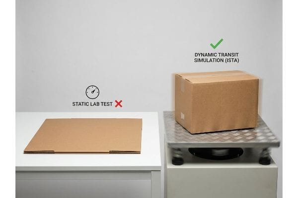 Packaging Test Comparison A flat cardboard sheet marked 'Static Lab Test' contrasts with an assembled box on a vibration table for 'Dynamic Transit Simulation (ISTA)'.