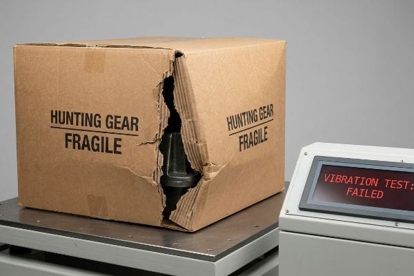 Vibration Test Failed Box Damaged brown corrugated box labeled "Hunting Gear Fragile" with a dark object protruding, on a test platform displaying "Vibration Test: Failed".