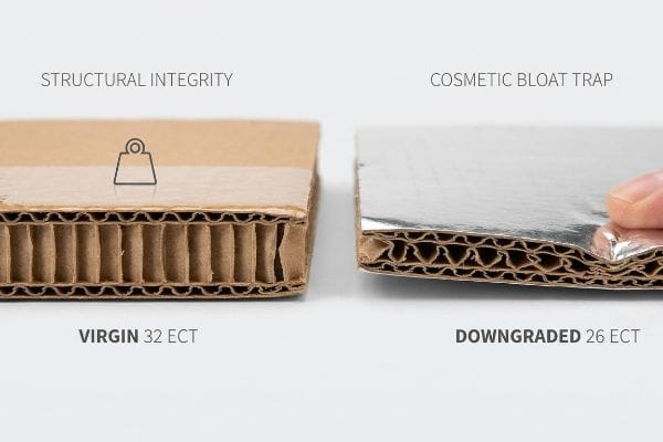 Corrugated Board ECT Comparison Virgin 32 ECT corrugated board shows structural integrity, contrasted with downgraded 26 ECT cosmetic bloat trap.