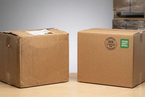 バージンクラフトボードの強度 ISTA 6-Amazon SIOCテスト認証済みの、新品同様のバージンクラフトボード製の配送箱は、明らかに損傷した段ボール箱とは対照的だ。.