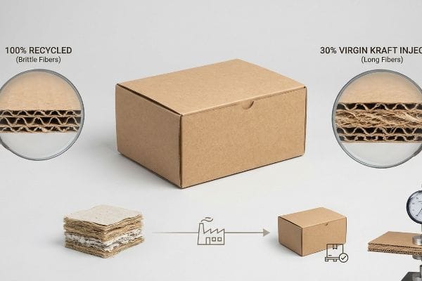 Recycled vs Virgin Kraft Corrugated board comparison: 100% Recycled (Brittle Fibers) vs. 30% Virgin Kraft Injected (Long Fibers) for packaging strength.