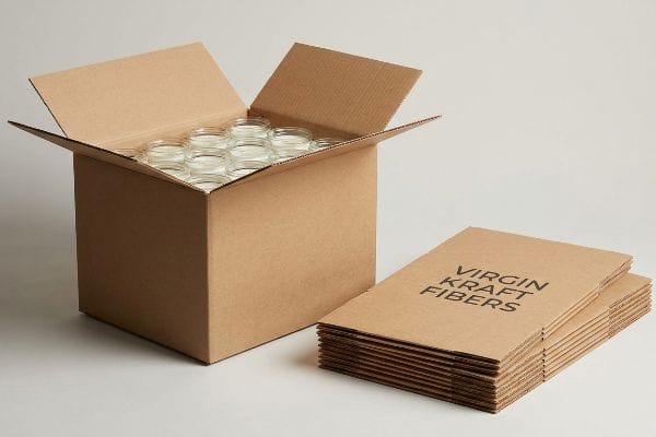 Virgin Kraft Fibers Packaging Stacked Virgin Kraft Fibers corrugated cardboard sheets next to an open master carton filled with clear glass candle jars.