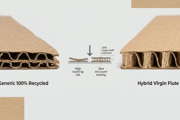 Corrugated board comparison: Generic 100% Recycled shows high buckling risk, Hybrid Virgin Flute with 30% virgin kraft injection ensures zero structural bowing.