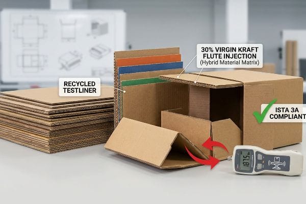 Corrugated boxes show Recycled Testliner and 30% Virgin Kraft Flute Injection, highlighting ISTA 3A compliance and a 187.5 lbs BCT load-cell reading.
