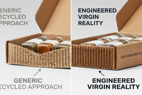 Spice Box Comparison Corrugated spice box comparison: Generic Recycled Approach with crushed fluting vs. Engineered Virgin Reality with robust 30% Virgin Kraft fluting.