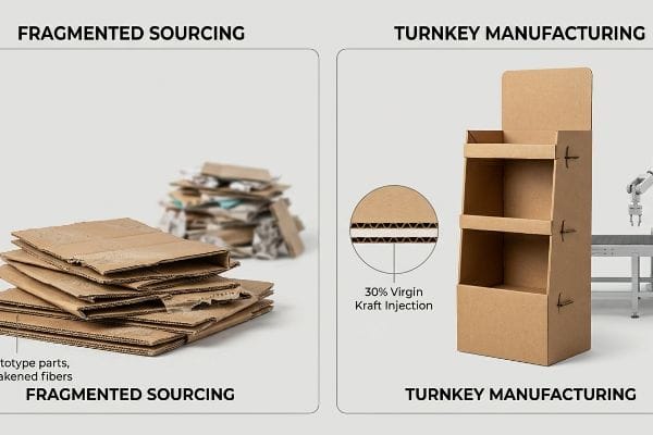 Cardboard Quality Comparison Brown cardboard display stand with 30% Virgin Kraft Injection detail, contrasting fragmented sourcing's weakened fibers.
