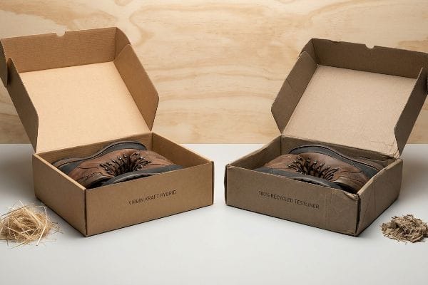 Kraft vs Recycled Boxes Two open cardboard shoe boxes, one marked 'Virgin Kraft Hybrid' and the other '100% Recycled Testliner', each holding a brown leather boot.