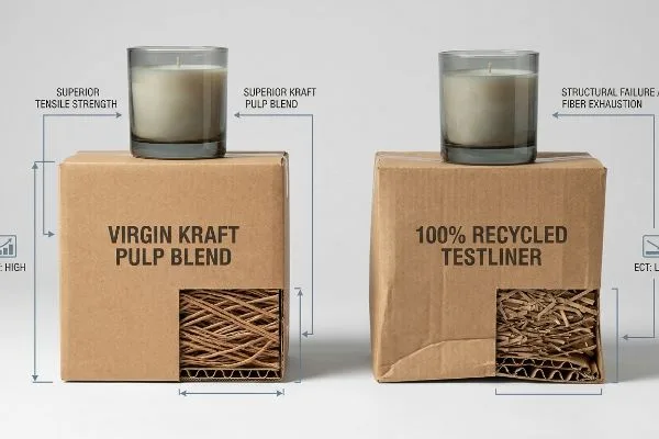 Tissu d'essai Kraft ou recyclé Boîte en mélange de pâte Kraft vierge, offrant une résistance à la traction supérieure et des cannelures intactes, contrairement à une boîte Testliner 100 % recyclée qui s'est affaissée.