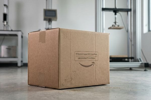 Amazon SIOC Certified Box Brown cardboard box displaying 'Ista 6-Amazon Sioc Certified Virgin Kraft Material' and the Amazon smile logo, in a testing facility.