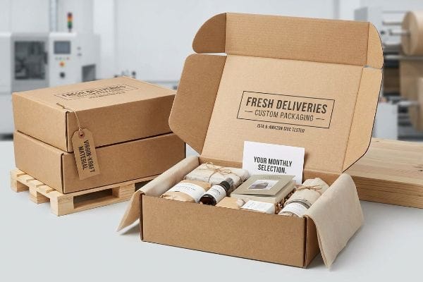 Fresh Deliveries Packaging Virgin-Kraft Material custom packaging boxes, one open displaying 'Fresh Deliveries' branding, 'Your Monthly Selection' products, and 'ISTA & Amazon SIOC Tester'.