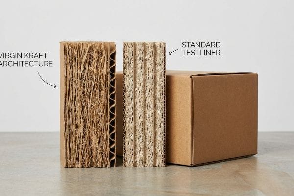 Close-up comparison of Virgin Kraft Architecture and Standard Testliner corrugated paperboard cross-sections, highlighting distinct fiber lengths and fluting.